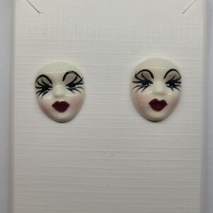 Vintage Fancy Faces Hand Painted Porcelian Mardi Gras Mask Stud Earrings